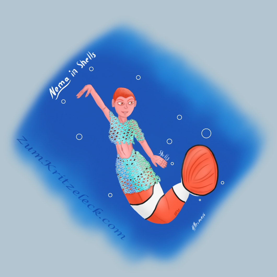 Mermay6, "Shells", digital painting, comic style: Nema, the clownfish mermaid with short orange hair wearing a blue and green shiney belly top and skirt made of shells, title: "Nema in Shells"