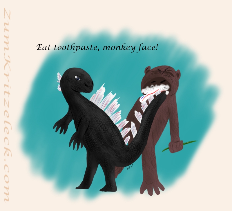 Digital painting, simple comic style: Godzilla facing left in the picture, head pointing to the right. He's got toothbrush brushes instead of backplates, the brushes on the tail are covered with toothpaste. He is putting the tail with the toothpaste in the mouth of King Kong so it is foaming. In front of a washy blue-green background, Text: Eat toothpaste, monkey face!