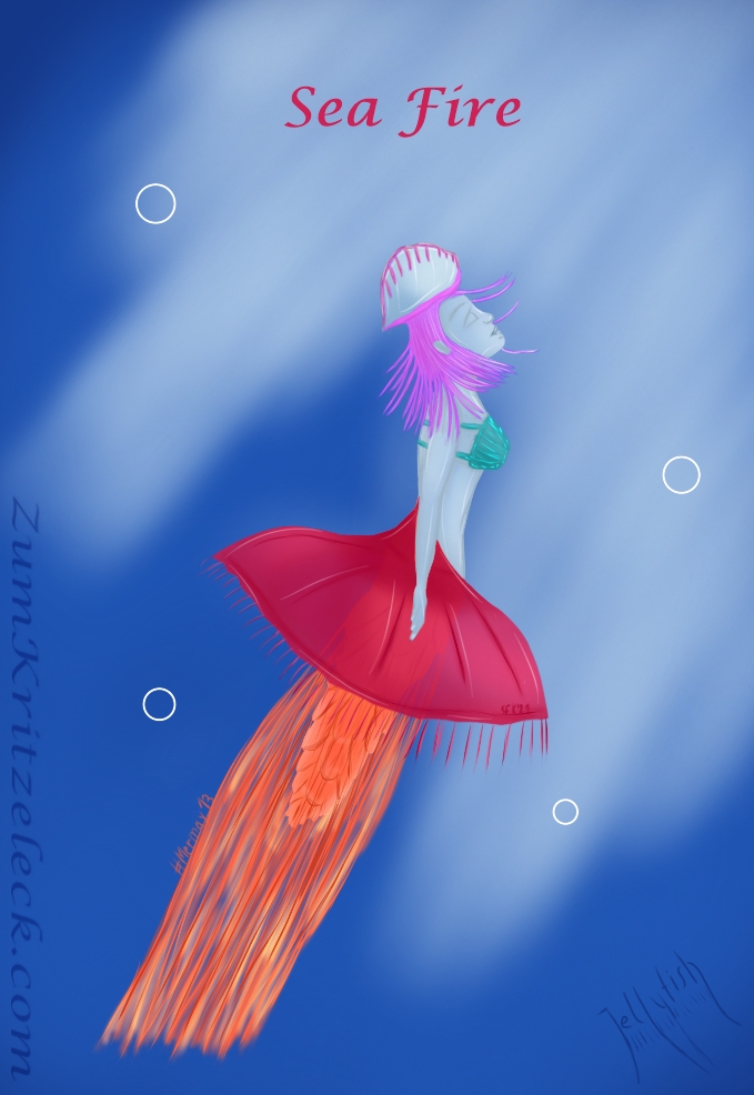 Mermay 13, "Jellyfish", digital painting, comic style: A mermaid based on a yellifisch. She is wearing a Portuguese man o' war as hair and a box jellyfish as bra. She's got a red umbrella-shaped bell and firely red arms. She's the eyes closed, floating in the water, facing a gentle light blue light coming from the upper right corner of the picture, title: "Sea Fire"
