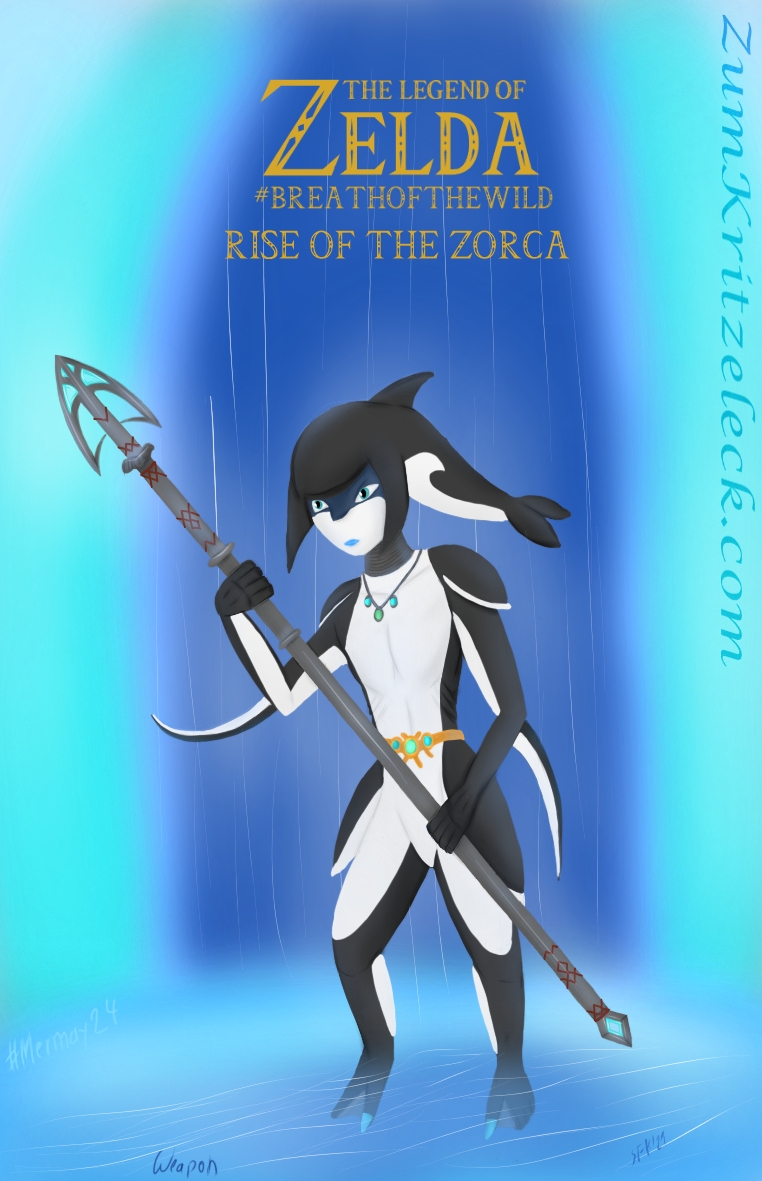 Mermay 24, "Weapon", digital painting, comic style, a redraw of a 2019 painting (more elaborated): A "Zora", a creature from the video game "The Legend of Zelda - Breath of the Wild". They are a folk of humanoids with long linmbs, fins attached to their elbows and a head resembling marine life (fish like) forms where otherwise would be the hair. This one's head and colouring resembles an orca: Face, chest, belly and parts of legs and arms are white, the rest is dark grey. She is wearing golden jewelry with green and azure gems, a bright grey collar and holding a spear. The ground she is standing on is covered with water, the center of the background ist a deep blue, white strokes are suggesting water falling from above. On the left and right a brighter blue. Title, written in the font of the title of the video game: "The Legend Of Zelda #Breath Of The Wild - Rise Of The Zorca"