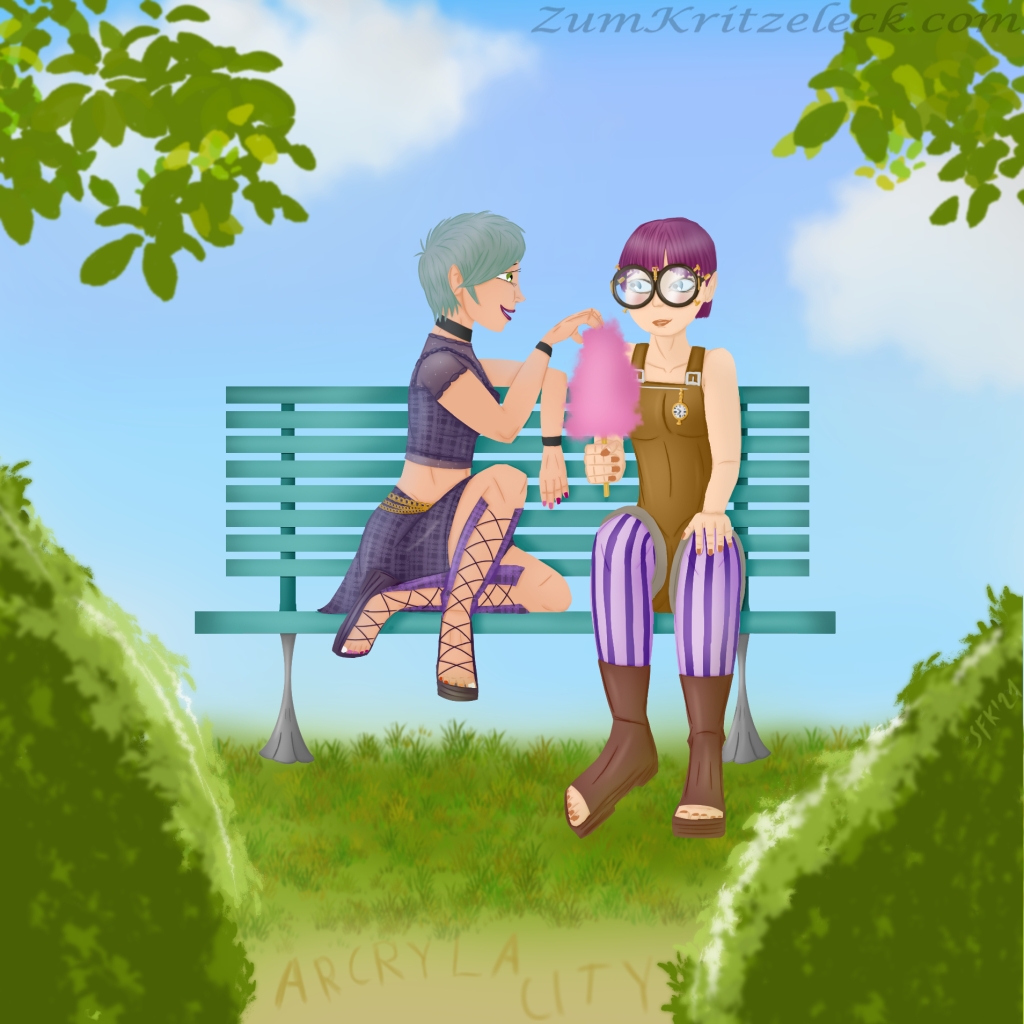 Digital painting, comic style: Crissy Faith, a young woman with short, purple hair and big, round glasses, wearing a brown overall and purple and lavender stripes leggings sitting on a bench with candy floss in her right hand, the her right side, another young woman seen from from the side with short ruffled blue-green hair. She is wearing a deep violette coursage with a plaid pattern over a semitransparent shirt, both bellyfree, a skirt of the same colour and style, three golden chains around her hips and black bracelets and wristband on wrists and neck. Finger nails and toenails are painted with nail polish in the colours of the lesbian pride flag, she is looking to Crissy (who is blushing) and taking a bit of the candy floss with the right hand