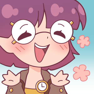 Digital Painting, chibi style: An emote of Crissy Faith (short purple hair, big round glasses, a pocket watch attached to her jacket), laughing happily