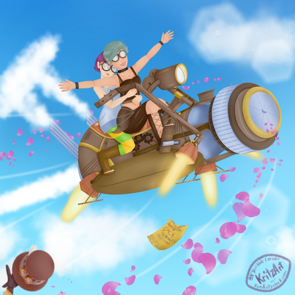 Digital Painting, comic style: My OC Crissy Faith (young woman, short, purpley hair, big round glasses, blue overall, green and yellow striped leggings, a pocket watch dangling from one pocket, toe-free boots) sitting on a flying steam and jet propulsed bike behind a young woman (short, light green hair, safety glasses, black neckband, black wristbands, brown belly free leather top, brown tigh leather trousers, brown toe free laced boots) who is laughing and stretching the arms to the sides. In the left bottom corner is a gloved hand which tries to grab a tophat, in the foreground petals which are blown up by the slipstream, a sheet of paper likewise flying in the wind, text: "Arcryla City Summer Festival"