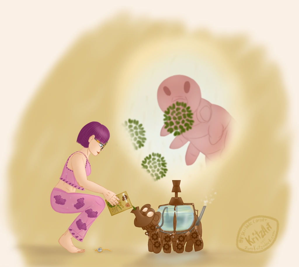 Digital painting, comic style, light background: Crissy Faith, a young woman with short purple hair and big round glasses in a pajama embroidered with bears with eight legs, she is seen from the side hunkering down with a box of algae next to a mechanical bear with eight legs, the core of che mechanical bear is an aquarium, a projector throws a picture on the wall showing a water bear approaching towards some green algae, on the ground a pocket watch
