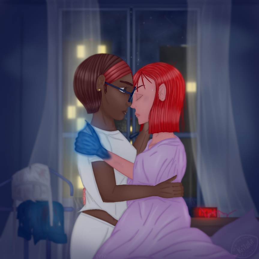 Digital painting, comic style: Liz (left) and Jacky (right), two young woman in side view, Liz hugging Jacky, watching her worried, Jacky's eyes are closed; Liz has dark brown skin and short brown hair, the forehead part of the hair is dyed dark red, she wears a white shirt, white trousers, blue round glasses; Jacky is from white colour with red shoulder long hair; she's kneeling on the bed, wrapped into a mauve blanket; in the background a valet stand with torn and dirty white tanktop and blue jeans shorts, next to Jacky a pink cushion and a night table with a digital alarm clock ("1:04 am") and destroyed rectangular glasses on it; there is also a slightly opened glass door (cracks in the glass, the curtain blowing) and the balcony (claw marks on it) with a view onto skyscrapers, the lights of the city and a night sky; Jacky's left hand rests on Liz' right shoulder, it is glowing blue, weebing is visible between the finger, the thumb has a clawlike nail