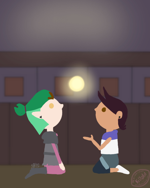 Digital painting, minimalized comic style: Amity Blight (left), green hair, grey clothes with purple sleeves and trousers, and Luz Noceda (right), dark brown hair, blue and white hoody, greay shorts and dark blue leggins, both kneeling on the floor of a building, looking upwards to a sphere of light