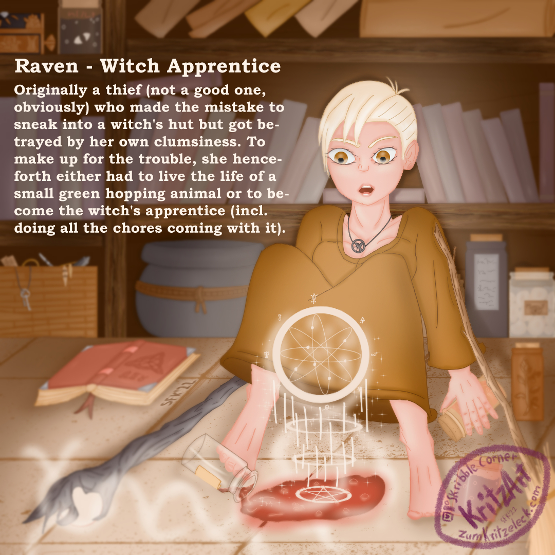 Digital painting, comic style: Raven (young woman, short white hair in sidecut, barefooted, simple golden brown dress, a necklace with a raven charme) sitting on a terracotta tiled floor in front of a storage rack with books, jars, scrolls and several magical items, looking on some magic lights coming from a magical staff and a puddle of red potion on the floor, additionally a text with her background story "Raven - Witch Apprentice; Originally a thief (not a good one, obviously) who made the mistake sneak into a witch's hut but got betrayed by her own clumsiness. To make up for the trouble, she henceforth either had to live the life of a small green hopping animal or to become the witch's apprentice (incl. all the chores coming with it)."; my Instagram nick in the background of the painting.
