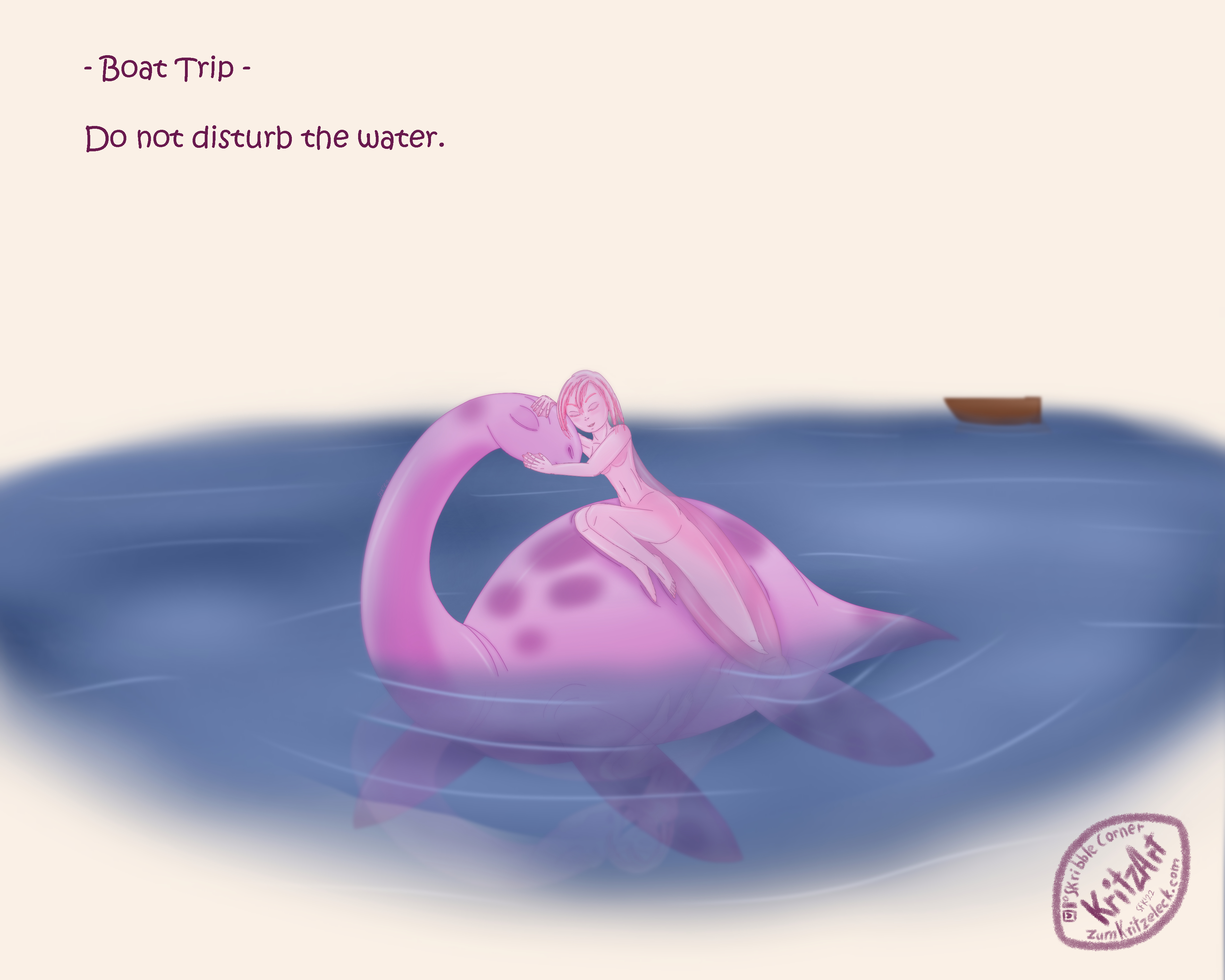 Digital painting, comic style, light background: A plesiosaurus-like pink and purple sea monster in a lake, the neck is bowing towards its back, the eyes closed; on Nessie's back a mermaid with the features of a light pink axolotl, the gills building the hair; she is leaning with closed eyes agains Nessie's head, the webbed hands petting her head and mouth; a boat in the background text "Boat Trip - Don't disturb the water."