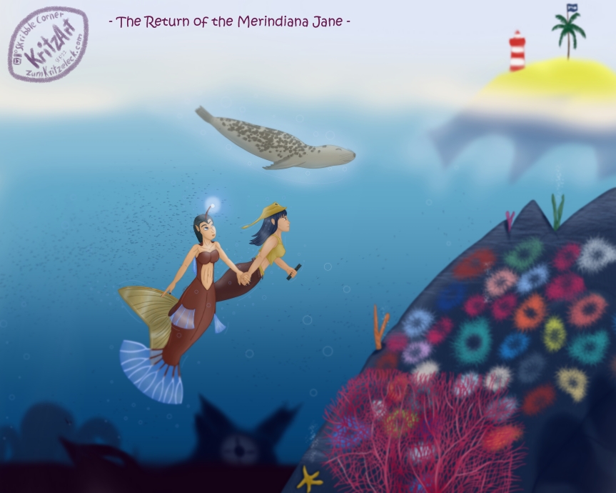 The whole painting; digital painting, comic style: Merindiana Jane, a mermaid resembling Indiana Jones, dark blue hair, a stingray as hat, looking determined, holding a deactivated Light Sword (Star Wars), swimming towards the right upper corner of the painting, dragging Ceratia with her, a mermaid bases on and anglerfish including a light bulb on a rod originating on her forehead; above both a seal diving into the water; in the background a dark bottom and the wreck of the Nautilus (submarine), two divers apporaching the wrack in front of the shadow of a giant octopus; next to this wrack a giant black dead starfish; in the right corner a submarine hill with corals and sea anemones, two shadows in the most right bottom corner; there are schools of fish in the water; in the right upper corner a yellow part of land with the back legs and the tail of a giant turtle, a red and white striped lighthouse and a palm tree on top of this island with a black flag showing fishbone; text: "The Return of the Merindiana Jane".