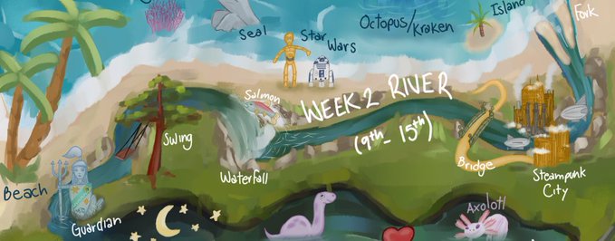 Cutout of the prompt board, you can see the prompts of the 2nd week: Week 2 River (1th-8th), Fork, Steampunk City, Bridge, Salmon, Waterfall, Swing, Guardian.