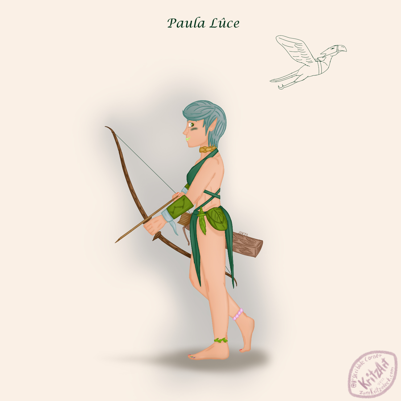 Digital Painting, comic style, simple beige background, light shadows: Paula in fantasy version; young woman, short turqoise hair; toe nails painted in rainbow colour, finger nails in lesbian Pride flag colour; she's wearing some kind of green leaf-like loincloth that only covers breasts, lap and butt, green braces, a knive in a sheath of leaf optic, a bag also in leaf optic, turqoise wrist bands, a green leaf band at her right ankle, a pink shell band at her left one and a golden neck band; she is holding a wooden bow and arrow; in the background the outline of a flying big bird with a strong beak; text: "Paula Lûce".