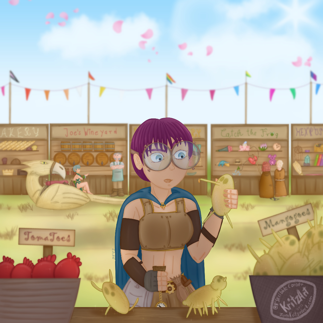 Digital painting, comic style: Crissy in her fantasy design in the foreground (young woman, short purple hair, big round glasses, bellyfree leather top, blue cape, braces, fingerfree gloves, girdle, bags, knife and pocket watch attached to it), holding a pastry in the right hand and some kind of mango in the left hand, long, thin natural grown sticks attached to it, one resembling a nose, dark spots giving the impression of two eyes, the tip of the "nose" is cut, a drop of yellow juice dropping from it, Crissy is looking at this "mangogo" with disbelief; two more of them in different shapes (some kind of devil and some kind of water brear) standing in front of her on a customer's board of a stall, to her left a whole basket with them, to her right one labelled "TomaToes", containing big tomatoes with tiny red toes; in the background several stalls (1. bakery, 2. "Joe's Wineyard", 3. pottery, 4. "Catch the Frog" game stall, 5. "Hex'R'us") with 1. cake, bread, 2. wine barrels, bottles 3. pottery ware 4. prices 5. magical items; Paula and Sparrow sitting in front ofr "Joe's Wineyard", Paula pointing to the salesman, hiding to bottles behind her back; in front of the game stall two young woman, one brown-red hair, one white hair, the brown haired one catching a wooden frog with a fishing-rod, splashing water; several girlands and pennants on poles and lines above the stalls.